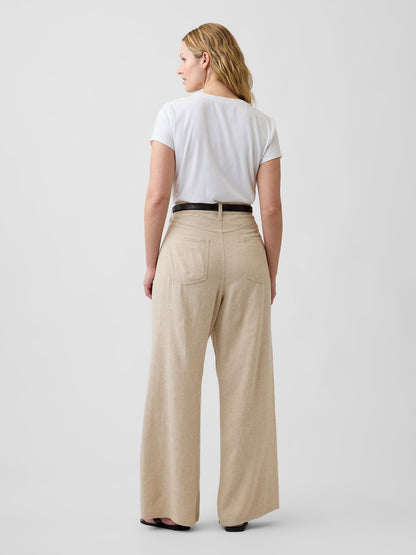 Bej High Rise Keten Karışımı Wide-leg Pantolon