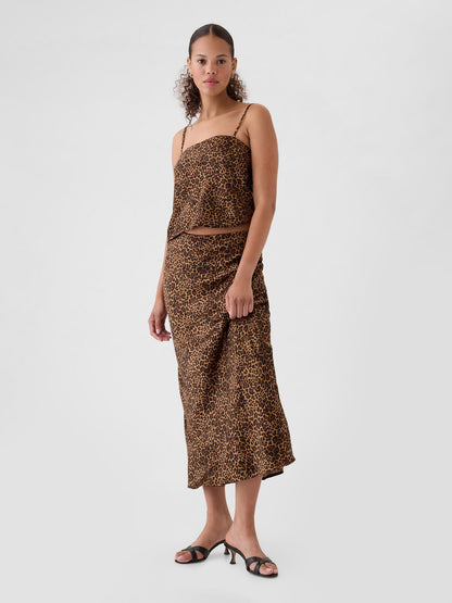 Kahverengi Leopar Desenli Saten Bluz