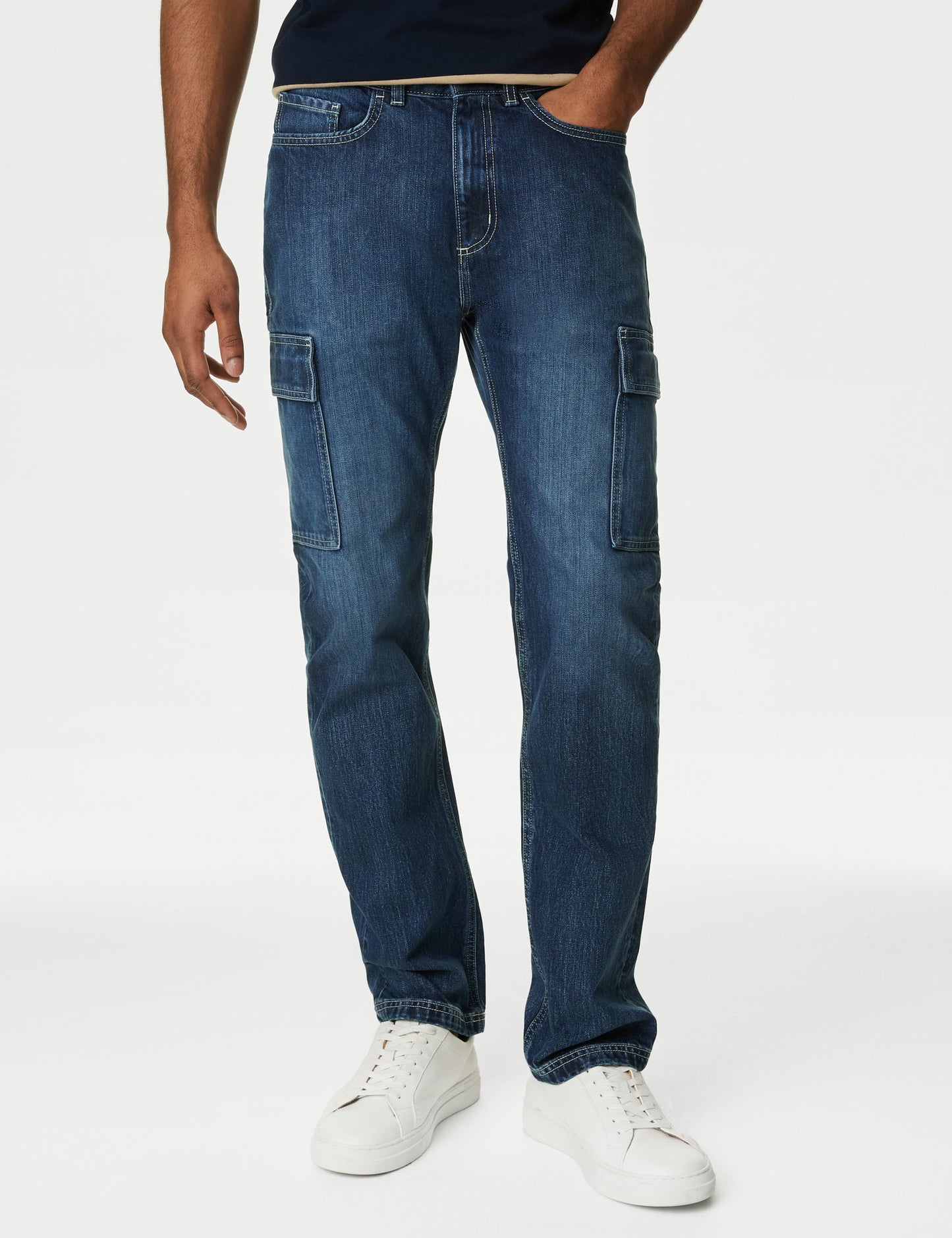 Saf Pamuklu Straight Fit Kargo Jean Pantolon