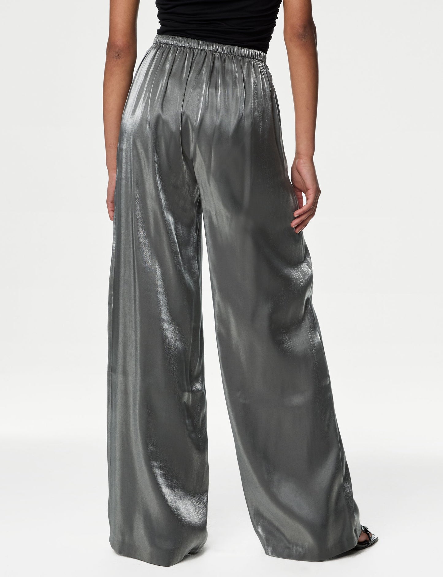 Yüksek Bel Metalik Wide Leg Pantolon