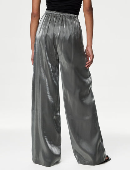 Yüksek Bel Metalik Wide Leg Pantolon