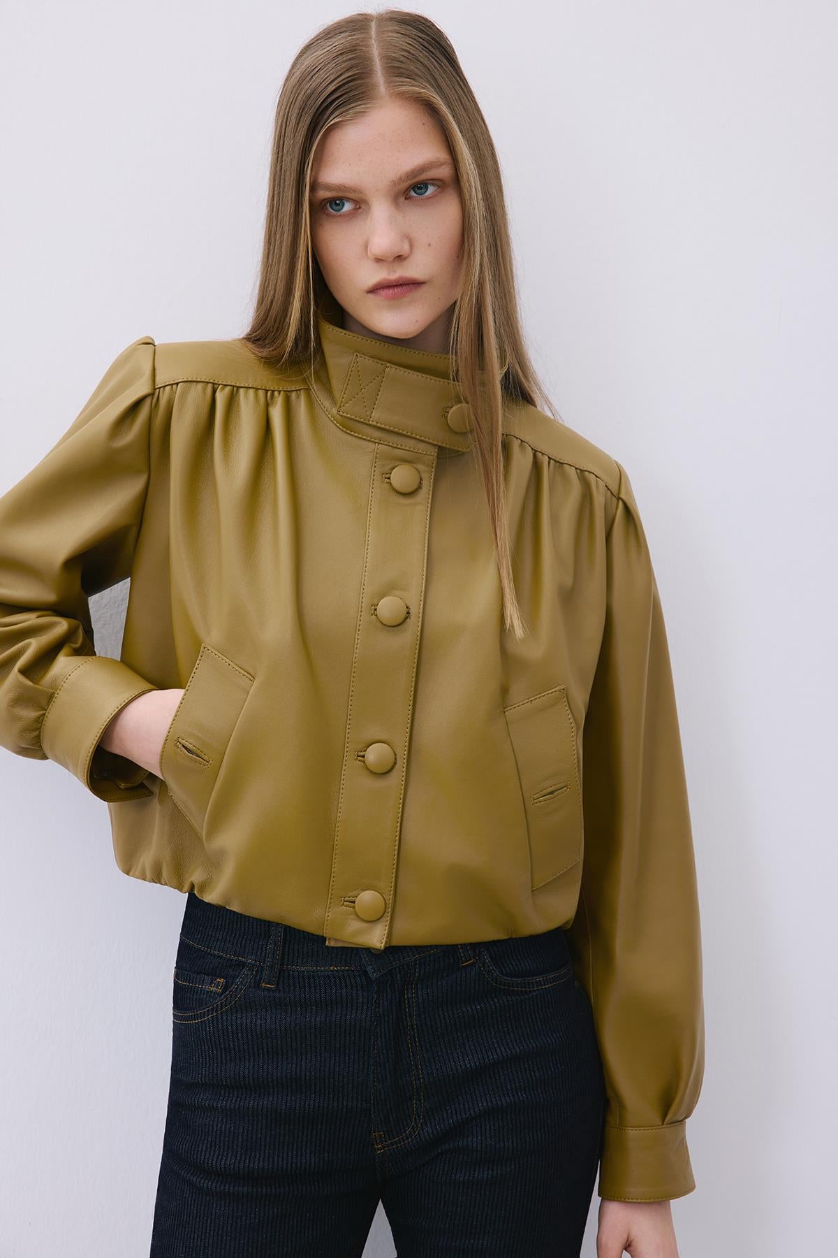 Dik Yaka Hakiki Deri Crop Olive Ceket