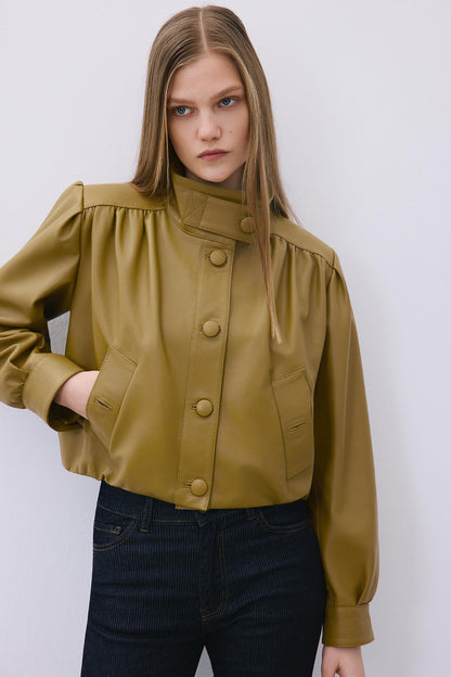 Dik Yaka Hakiki Deri Crop Olive Ceket