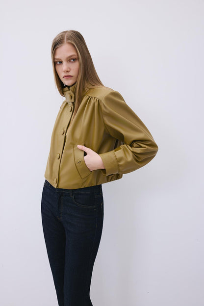 Dik Yaka Hakiki Deri Crop Olive Ceket