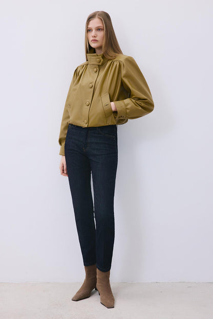 Dik Yaka Hakiki Deri Crop Olive Ceket