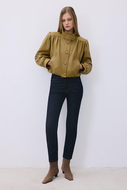 Dik Yaka Hakiki Deri Crop Olive Ceket