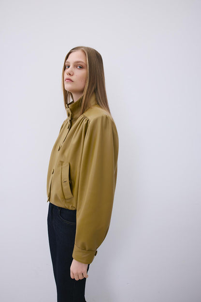 Dik Yaka Hakiki Deri Crop Olive Ceket