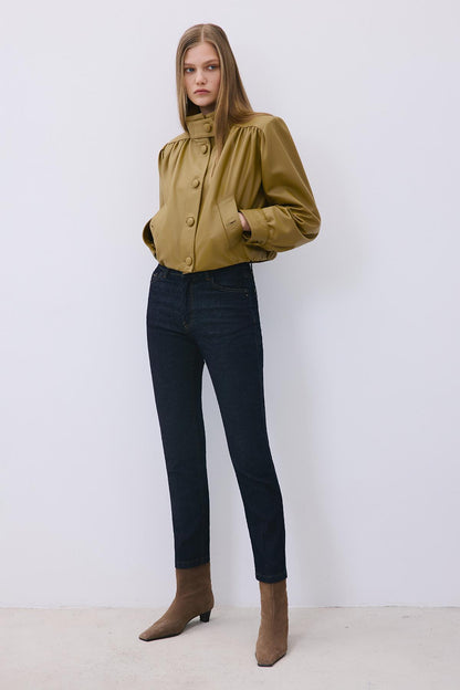 Dik Yaka Hakiki Deri Crop Olive Ceket