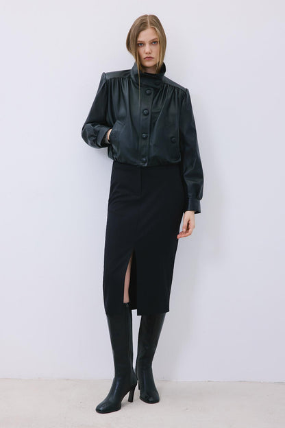 Dik Yaka Hakiki Deri Crop Siyah Ceket