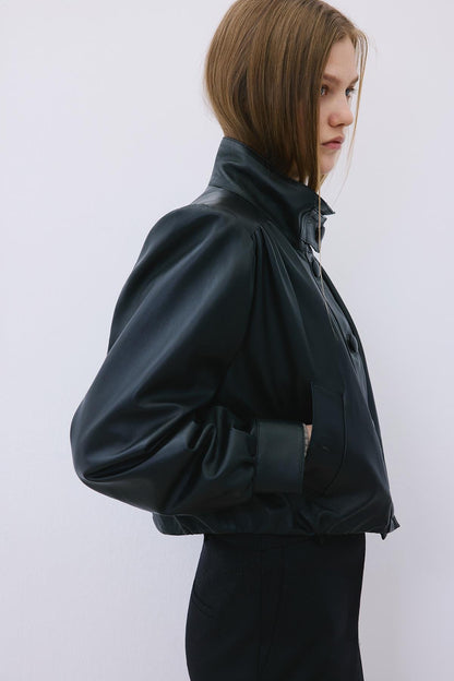 Dik Yaka Hakiki Deri Crop Siyah Ceket