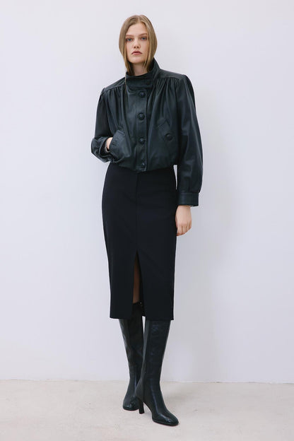 Dik Yaka Hakiki Deri Crop Siyah Ceket
