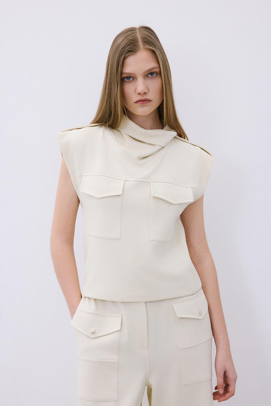 Dikiş Detaylı Yünlü Ekru Triko Bluz