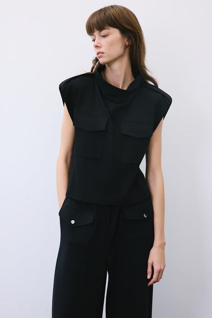 Dikiş Detaylı Yünlü Siyah Triko Bluz