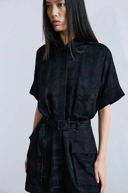 Dokulu Mini Siyah Tulum