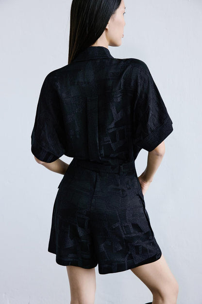 Dokulu Mini Siyah Tulum