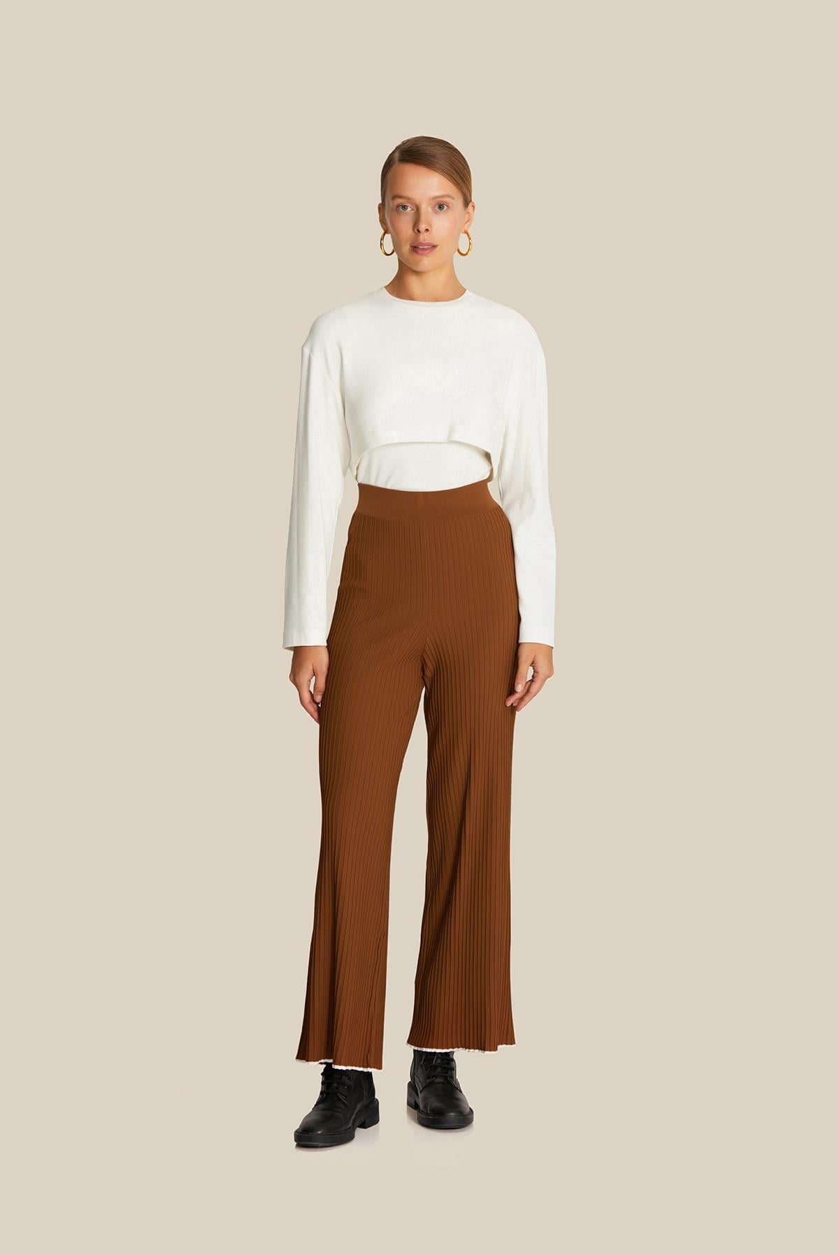 Dökümlü Camel Triko Pantolon