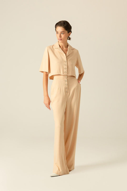 Düğme Detaylı Bej Yüksek Bel Pantolon