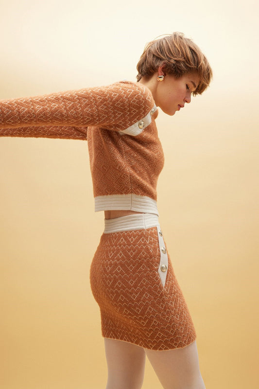 Düğme Detaylı Dokulu Taba Mini Etek