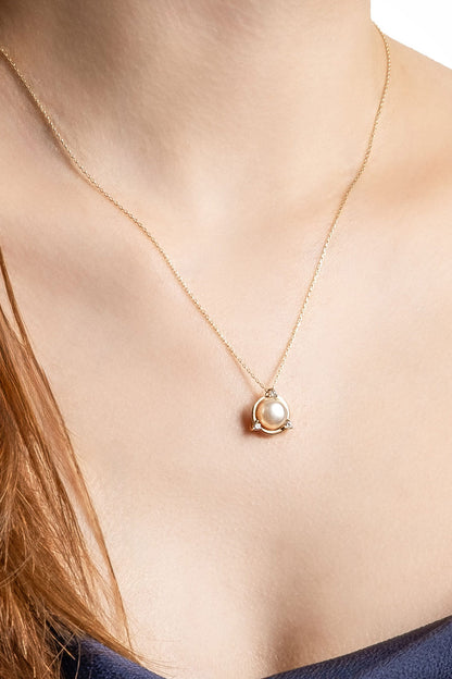 Diamond Collection 14 K Sarı Altın 0,11 Karat Pırlanta Doğal Inci Kolye Dw04240213644