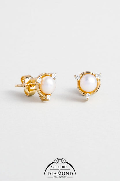 Diamond Collection 14 K Sarı Altın 0,07 Karat Pırlanta Doğal Inci Küpe Dw04280133644