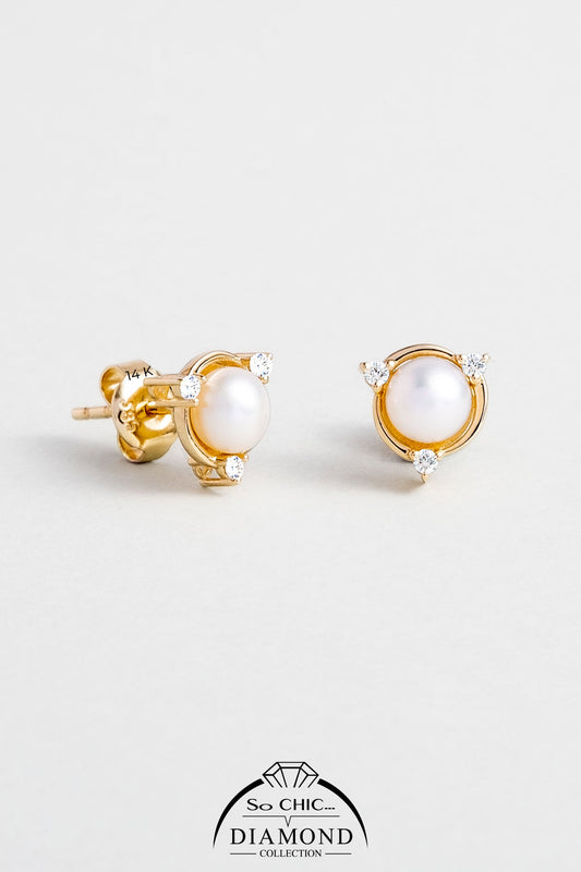 Diamond Collection 14 K Sarı Altın 0,07 Karat Pırlanta Doğal Inci Küpe Dw04280133644