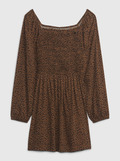 Leopar Desen Büzgülü Elbise