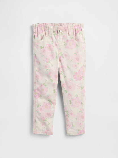 Açık Pembe Baskılı Paperbag Mom Jean Pantolon