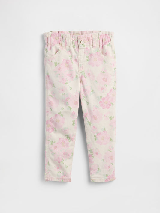 Açık Pembe Baskılı Paperbag Mom Jean Pantolon