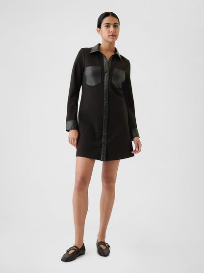 Siyah Suni Vegan Deri Shift Mini Elbise