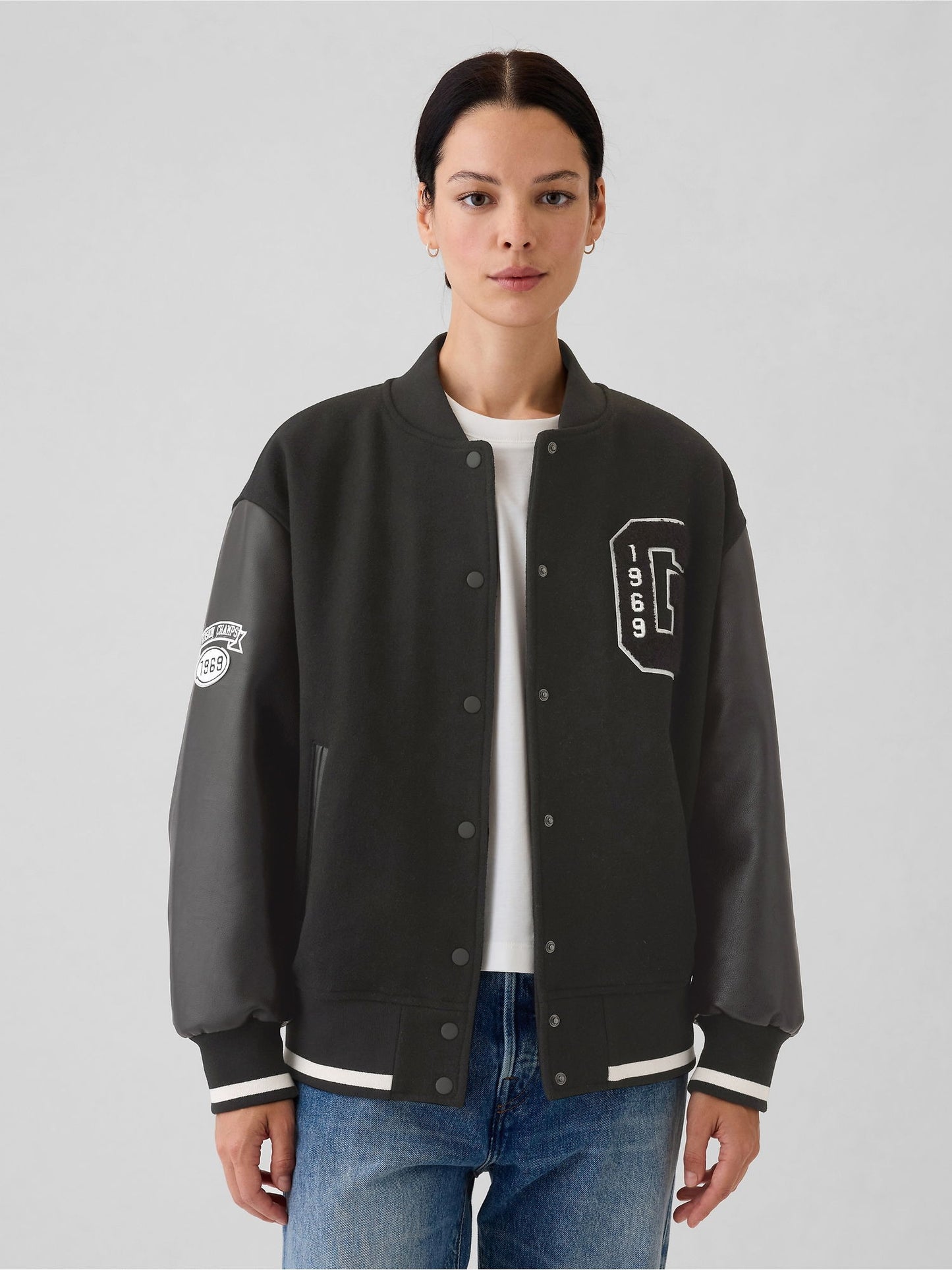 Siyah Yün Varsity Logo Boyfriend Ceket