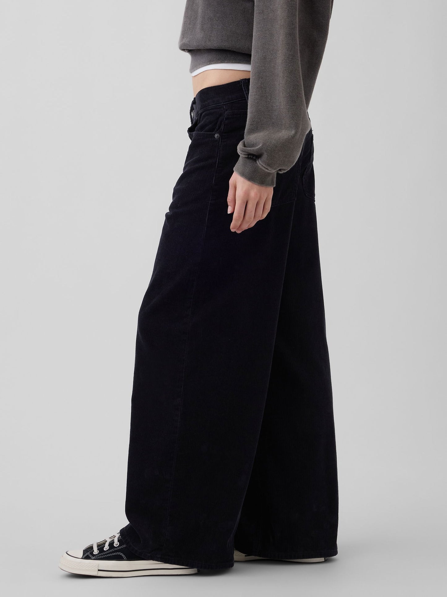 Siyah Mid Rise Kadife Baggy Wide-leg Pantolon