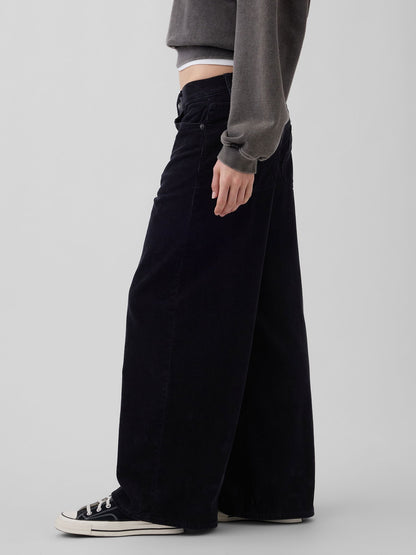 Siyah Mid Rise Kadife Baggy Wide-leg Pantolon