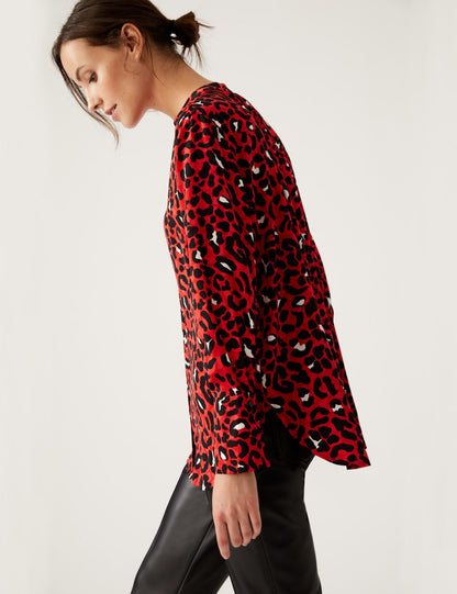 V Yaka Leopar Desenli Saten Popover Bluz