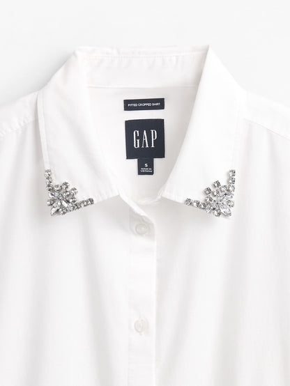 Beyaz Organik Pamuk Fitted Crop Gömlek