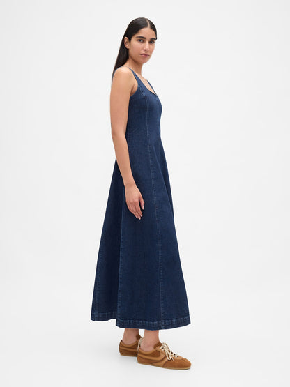 Lacivert Denim Kare Yaka Maxi Elbise