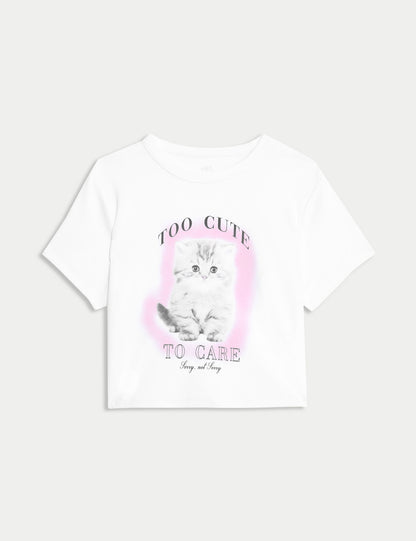 Kedi Desenli Crop T-shirt (2-16 Yaş)