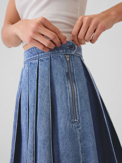 Mavi Pileli Denim Mini Etek