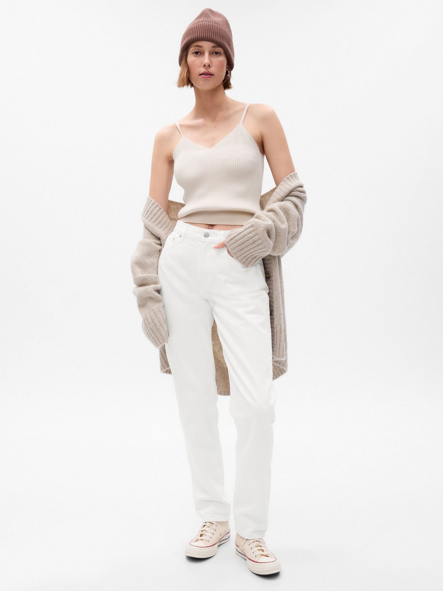Beyaz Mid Rise Girlfriend Jean Pantolon