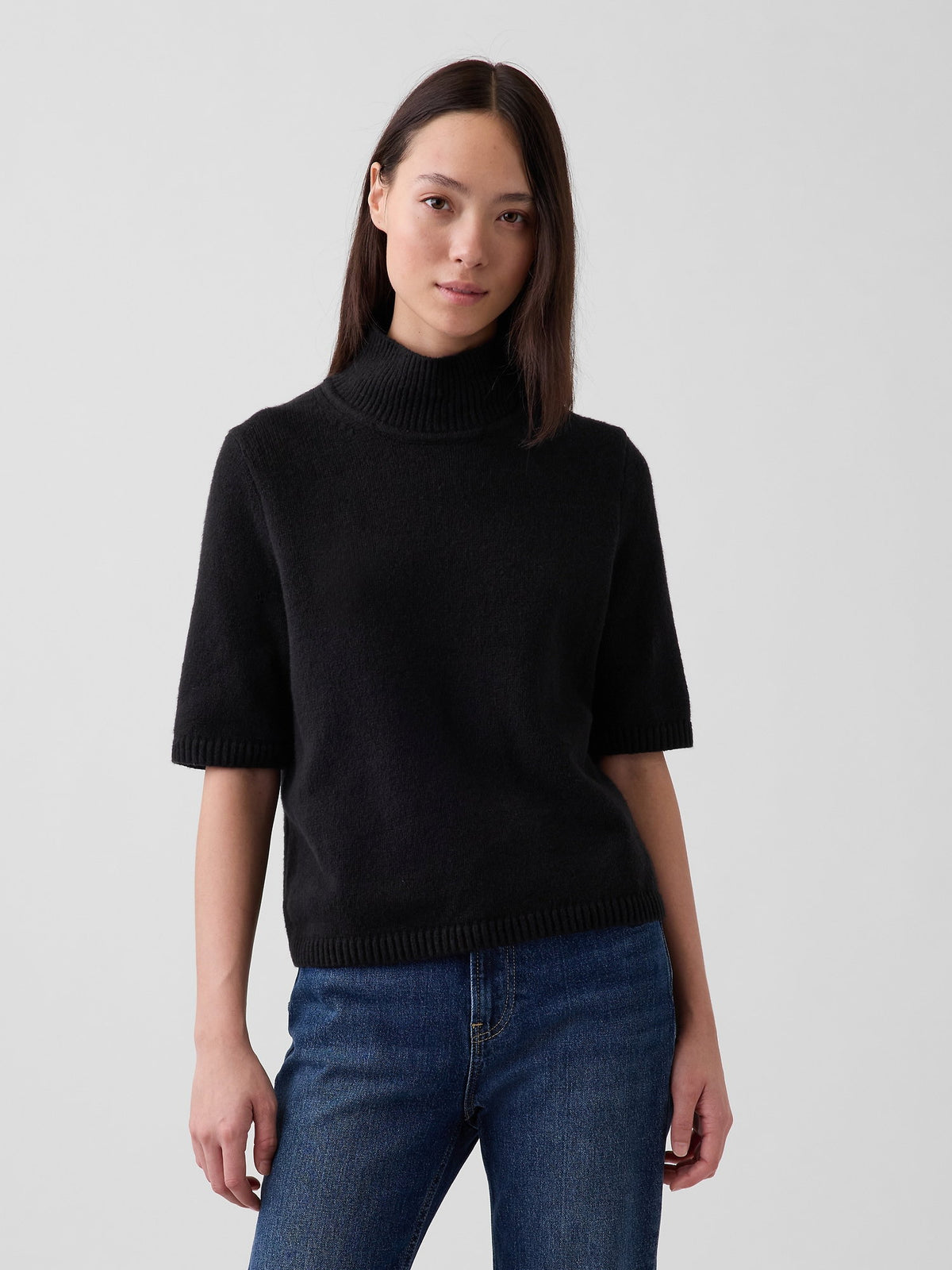 Siyah Cashsoft Mockneck Elbow-sleeve Kazak