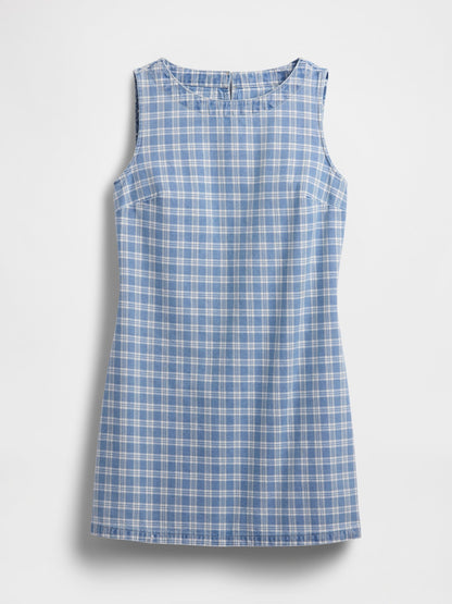 Açık Mavi Kareli Denim Mini Shift Elbise
