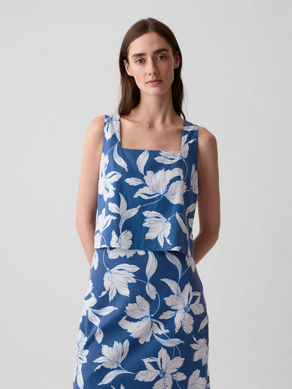 Mavi Keten Karışımlı Crop Bluz