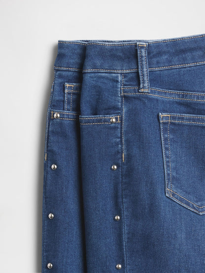 Koyu Mavi Kids High Rise Studded '70s Flare Jean Pantolon