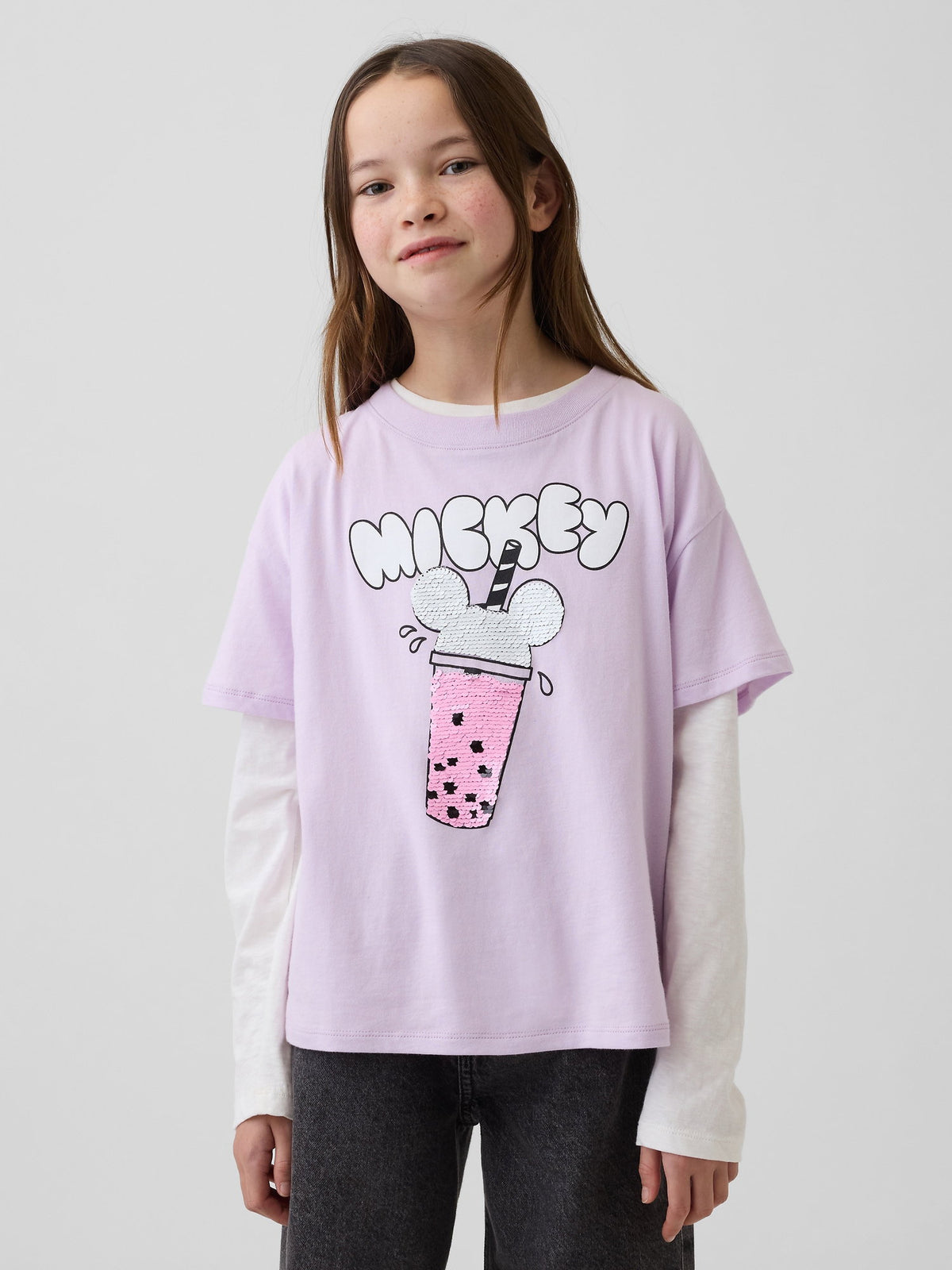Lila Disney Oversized Flippy Sequins Grafik Baskılı T-shirt