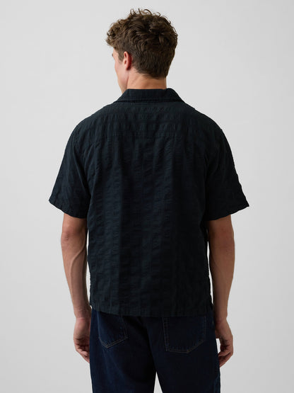 Siyah Dobby Relaxed Straight-hem Gömlek
