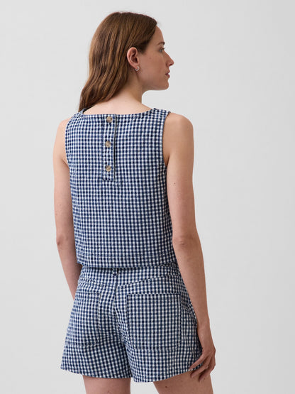 Lacivert Gingham Denim Crop Shell Kolsuz Üst