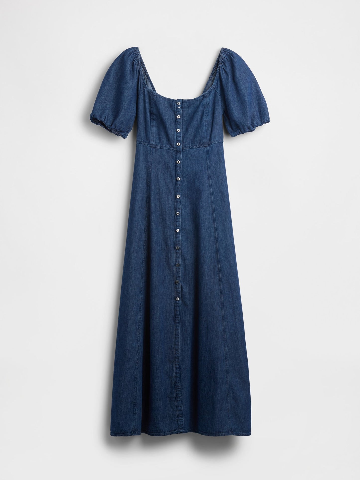 Koyu Mavi Denim Puff-sleeve Button-front Maxi Elbise