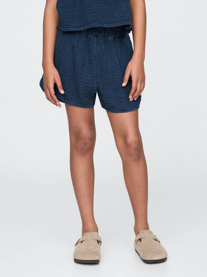 Lacivert Crinkle Gauze Denim Şort