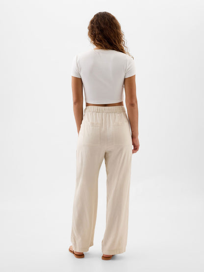 Bej Keten Karışımlı Wide-leg Pull-on Pantolon