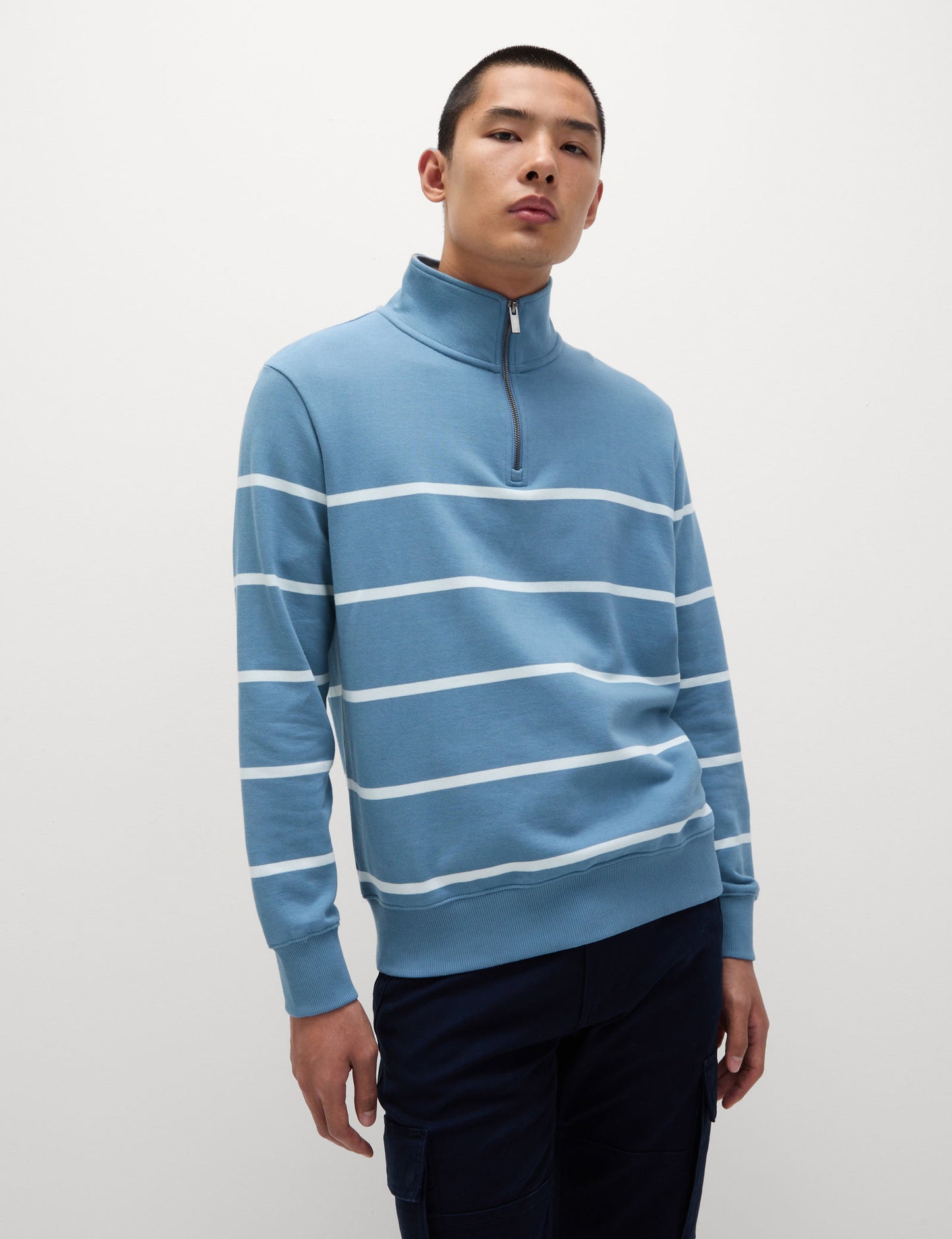 Saf Pamuklu Çizgili Yarım Fermuarlı Sweatshirt