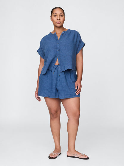 Denim Mavi Crinkle Gauze Denim Şort